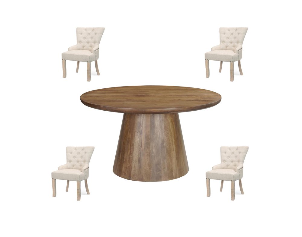Five Piece Brown Round Solid Wood Dining Set with Four Chairs