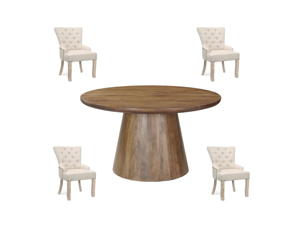 Five Piece Brown Round Solid Wood Dining Set with Four Chairs