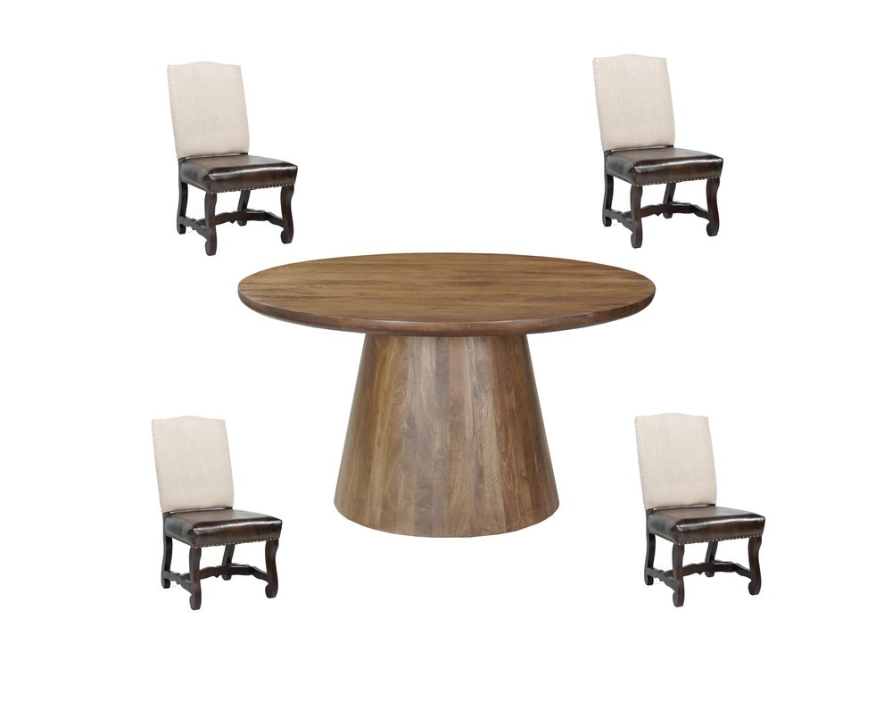 Five Piece Brown Round Solid Wood Dining Set with Four Chairs