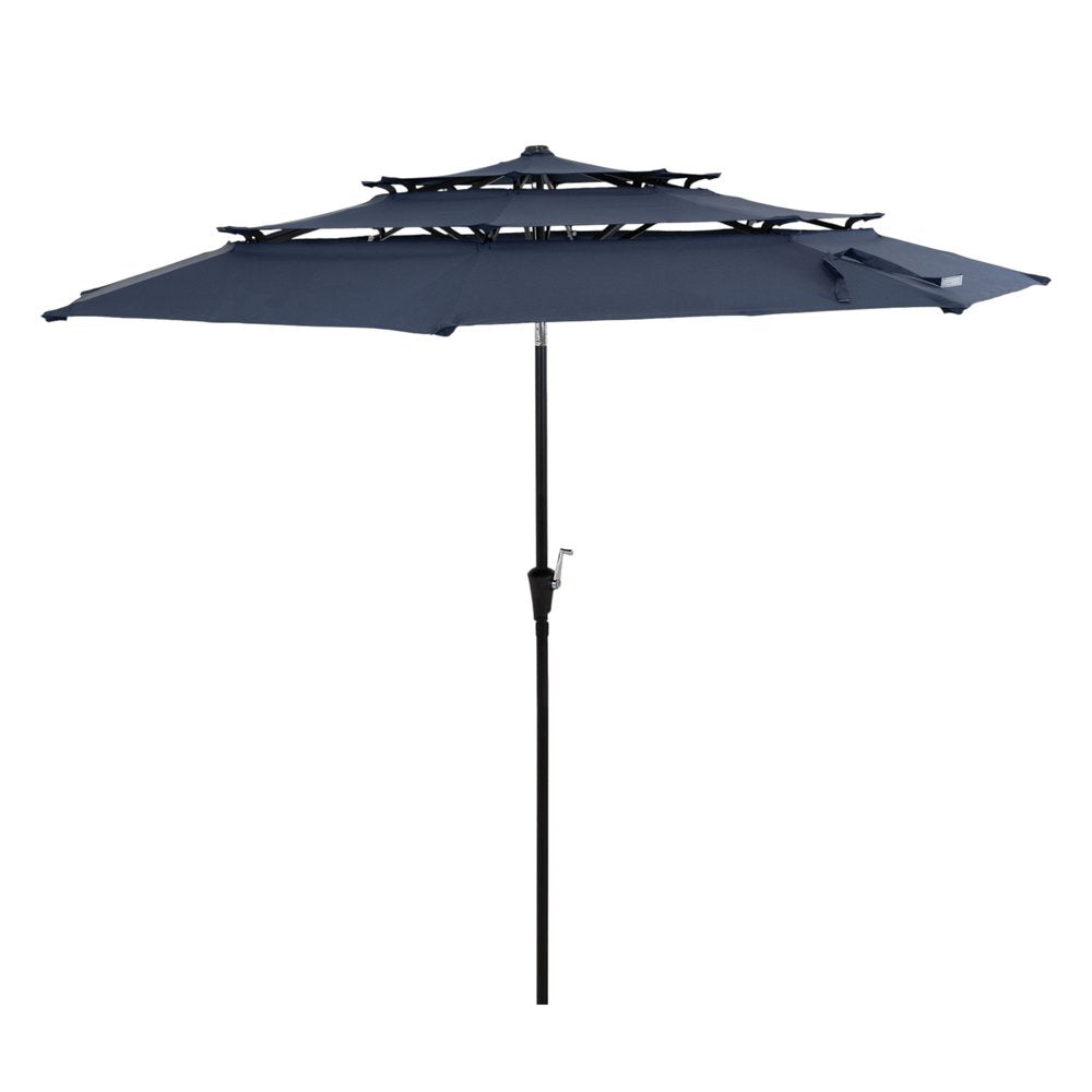 10' Dark Blue Polyester Octagonal Tilt Lighted Market Patio Umbrella. Outdoor umbrella isolated on a plain white background, in a blue fabric finish.