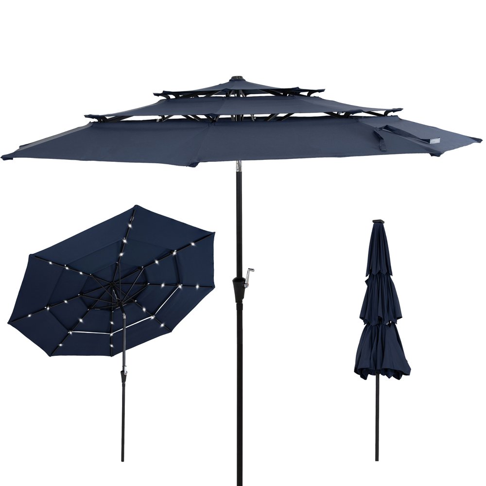 10' Dark Blue Polyester Octagonal Tilt Lighted Market Patio Umbrella