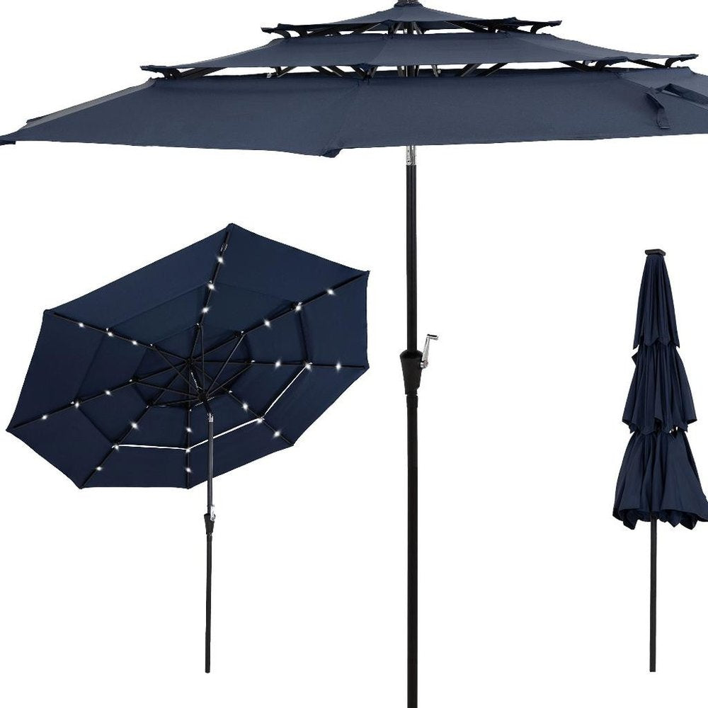 10' Dark Blue Polyester Octagonal Tilt Lighted Market Patio Umbrella. Outdoor umbrella isolated on a plain white background, showing a blue fabric surface.