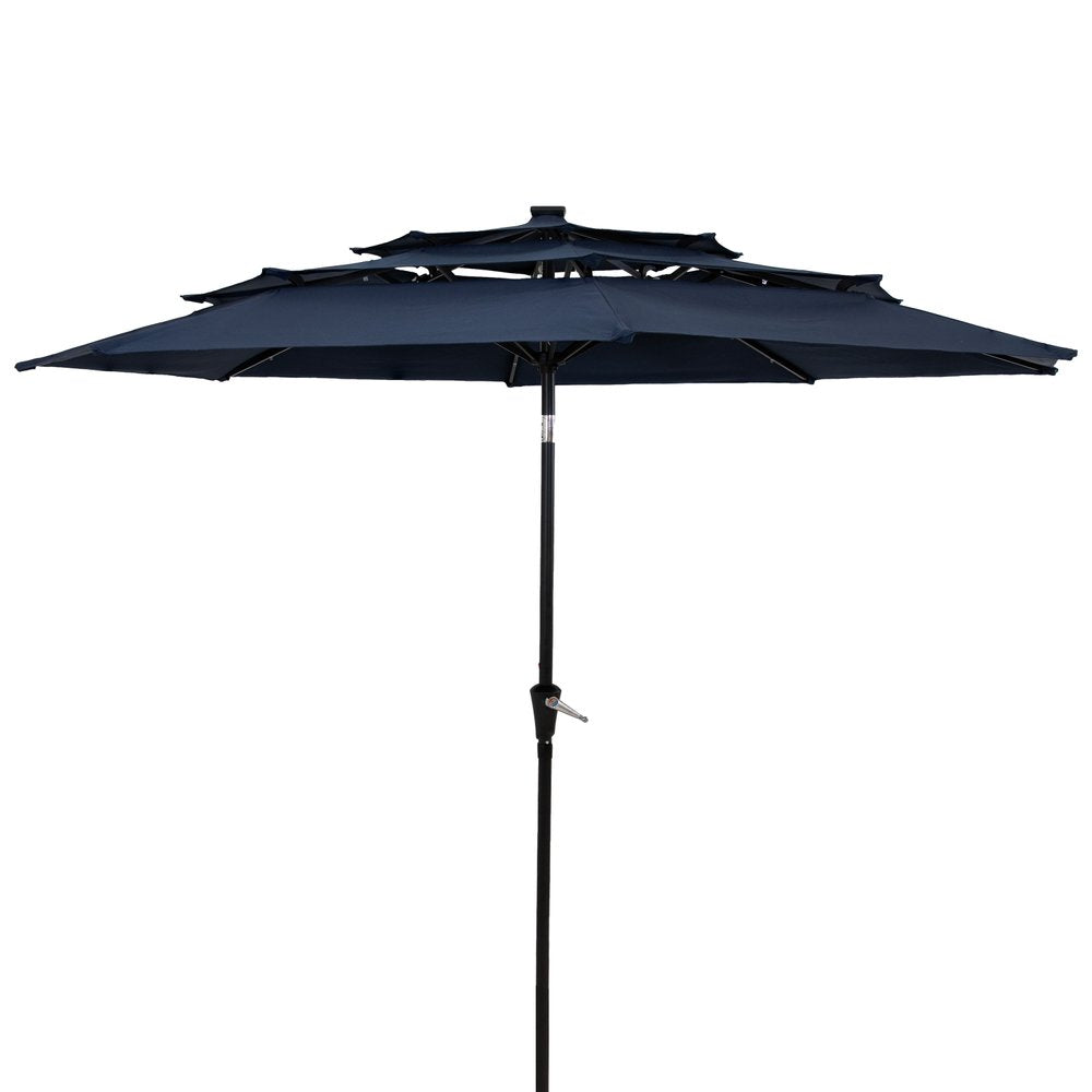 10' Dark Blue Polyester Octagonal Tilt Lighted Market Patio Umbrella. Outdoor umbrella isolated on a plain white background, finished in blue fabric.