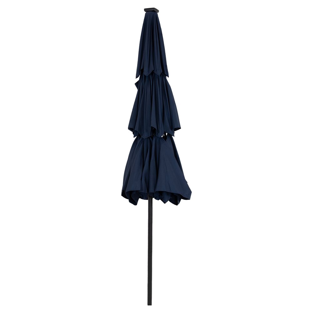 10' Dark Blue Polyester Octagonal Tilt Lighted Market Patio Umbrella. Outdoor umbrella isolated on a plain white background, showing a blue fabric surface.