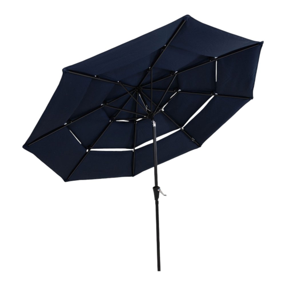 10' Dark Blue Polyester Octagonal Tilt Lighted Market Patio Umbrella. Outdoor umbrella isolated on a plain white background, in a blue fabric finish.
