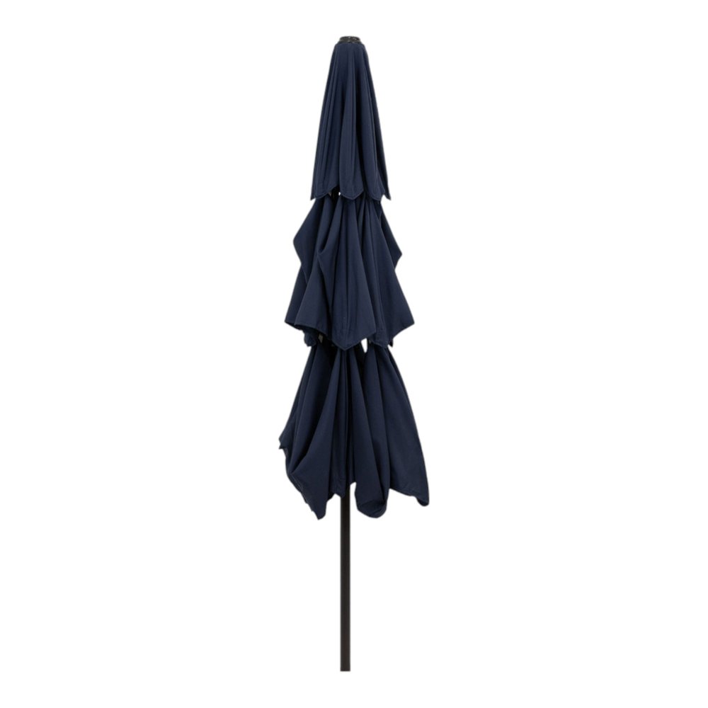 10' Dark Blue Polyester Octagonal Tilt Lighted Market Patio Umbrella. Outdoor umbrella isolated on a plain white background, showing a blue fabric surface.