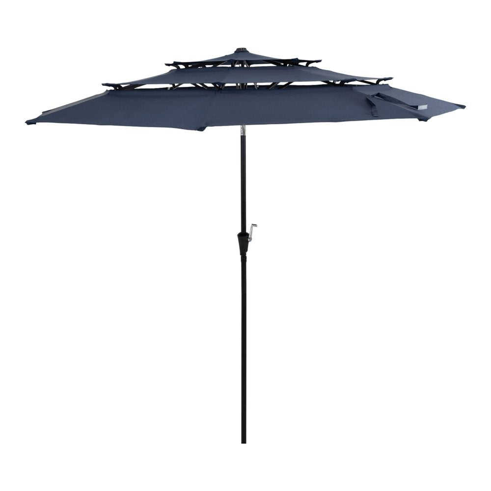 10' Dark Blue Polyester Octagonal Tilt Lighted Market Patio Umbrella. Outdoor umbrella isolated on a plain white background, in a blue fabric finish.