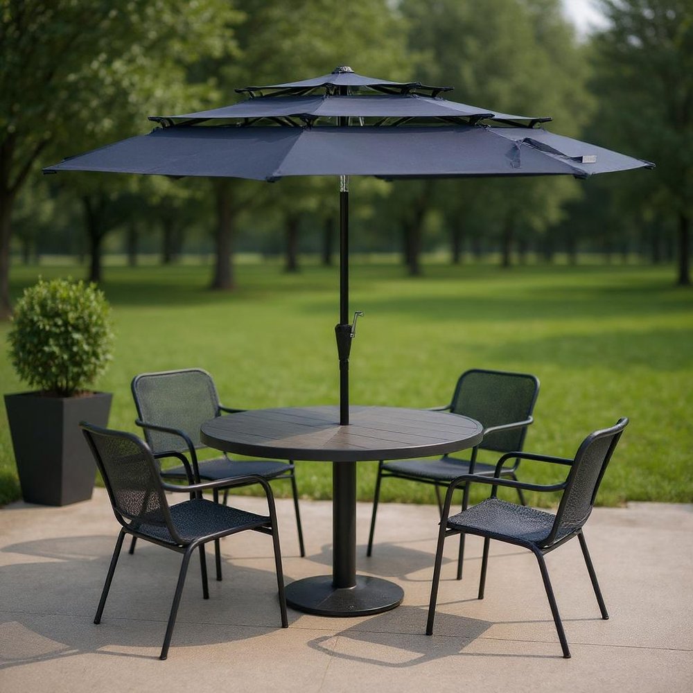 10' Dark Blue Polyester Octagonal Tilt Lighted Market Patio Umbrella shown outdoors on a patio with greenery.