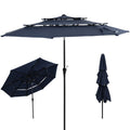 10' Dark Blue Polyester Octagonal Tilt Lighted Market Patio Umbrella. Outdoor umbrella isolated on a plain white background, showing a blue fabric surface.