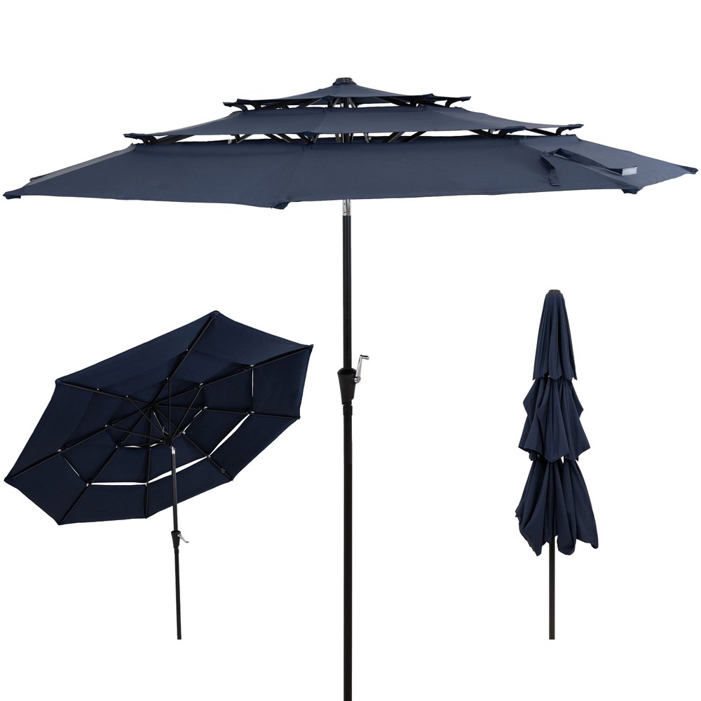 10' Dark Blue Polyester Octagonal Tilt Lighted Market Patio Umbrella. Outdoor umbrella isolated on a plain white background, showing a blue fabric surface.