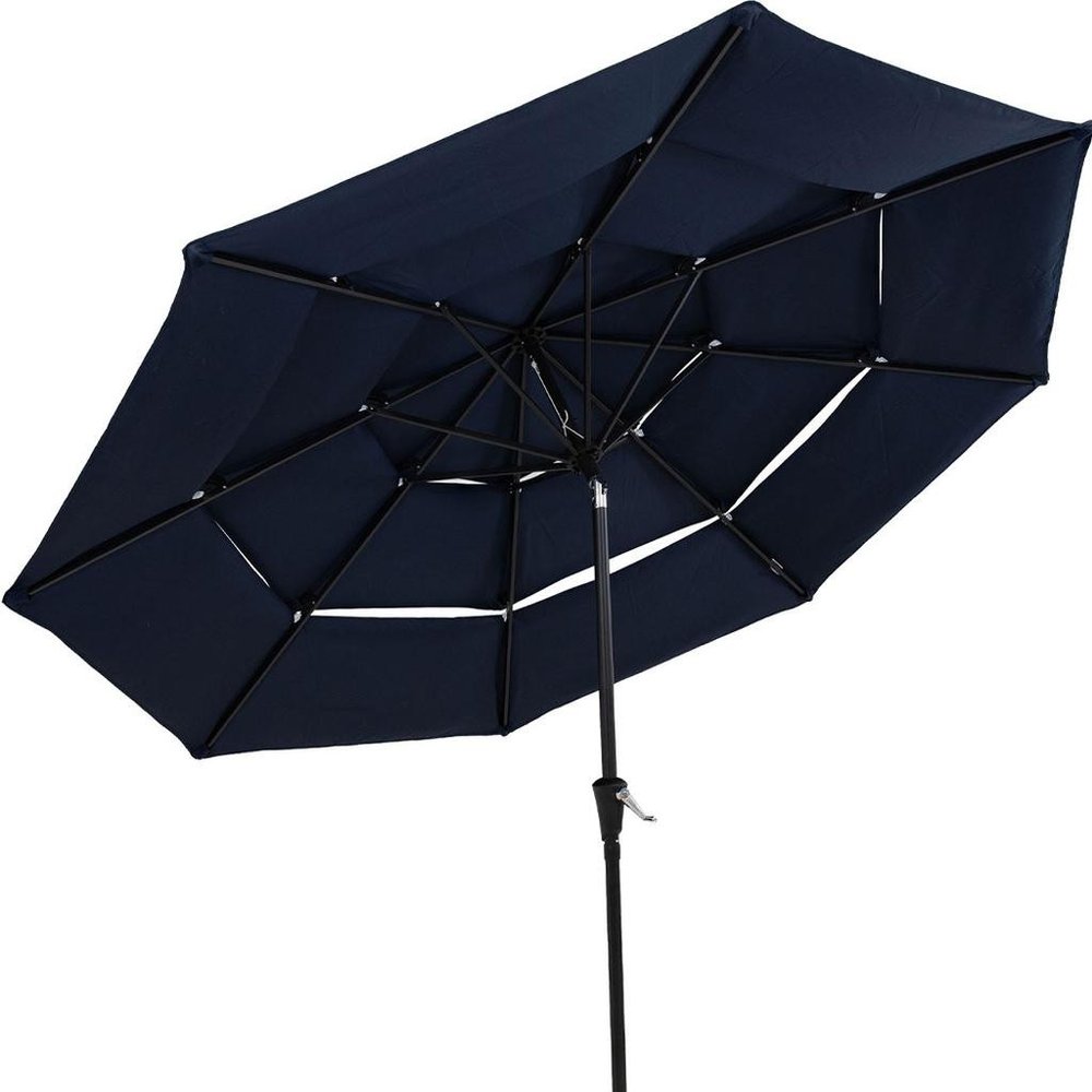 10' Dark Blue Polyester Octagonal Tilt Lighted Market Patio Umbrella. Outdoor umbrella isolated on a plain white background, finished in blue fabric.