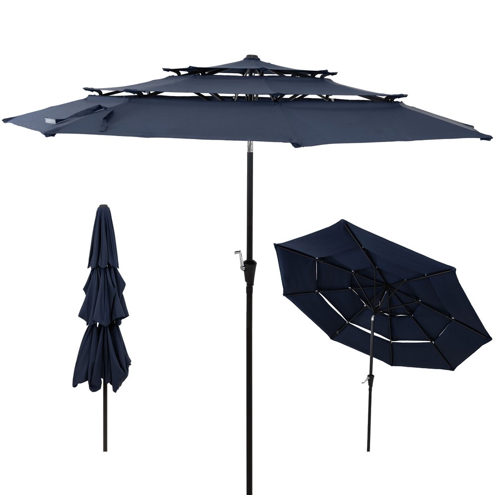10' Dark Blue Polyester Octagonal Tilt Lighted Market Patio Umbrella. Outdoor umbrella isolated on a plain white background, showing a blue fabric surface.