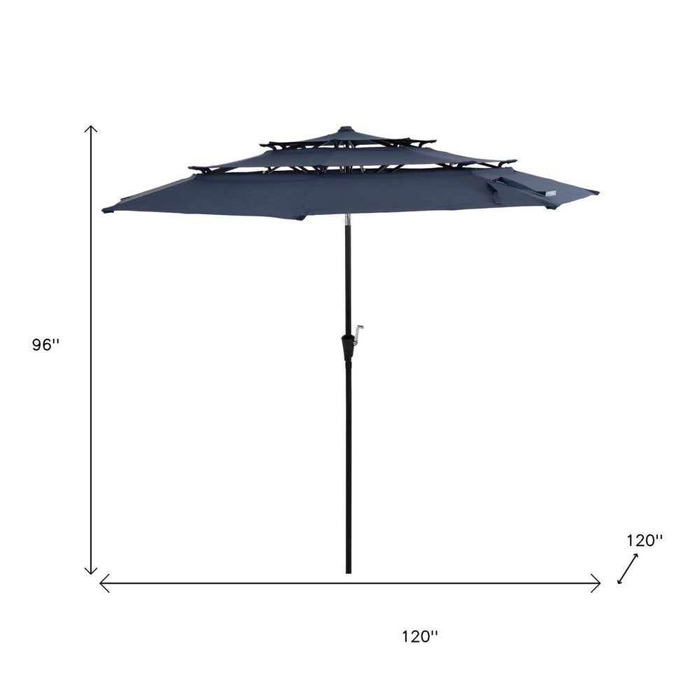 10' Dark Blue Polyester Octagonal Tilt Lighted Market Patio Umbrella. Outdoor umbrella isolated on a plain white background, finished in blue fabric.