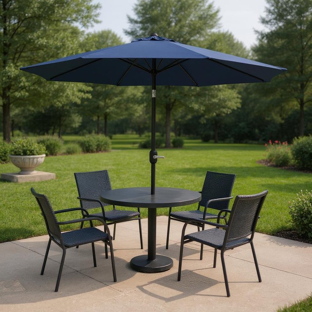 9' Dark Blue Polyester Octagonal Tilt Market Patio Umbrella in a home interior