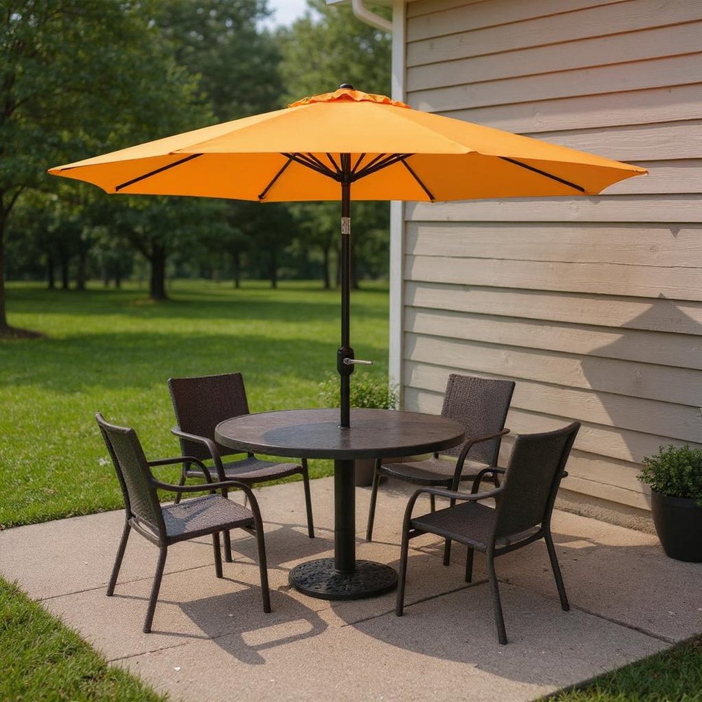 9' Gold Polyester Octagonal Tilt Market Patio Umbrella in a home interior