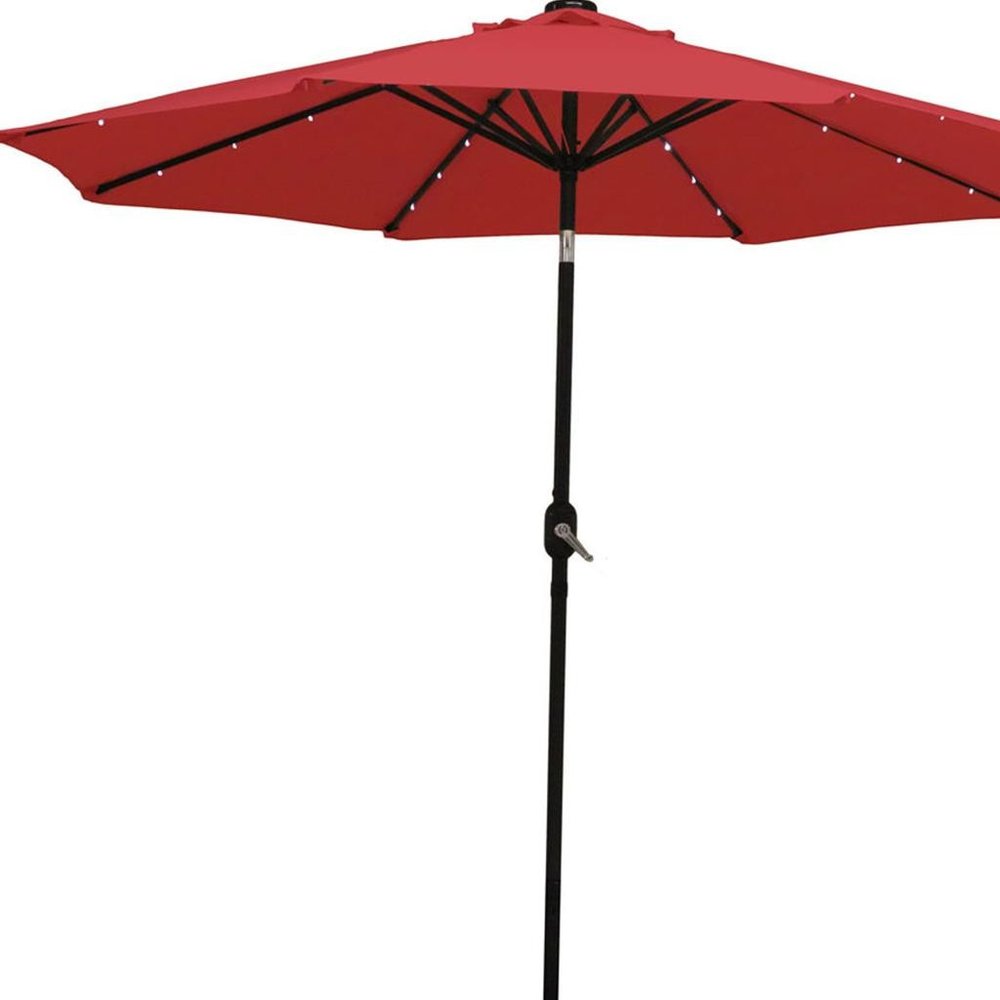 9' Red Polyester Octagonal Tilt Lighted Market Patio Umbrella on a white background