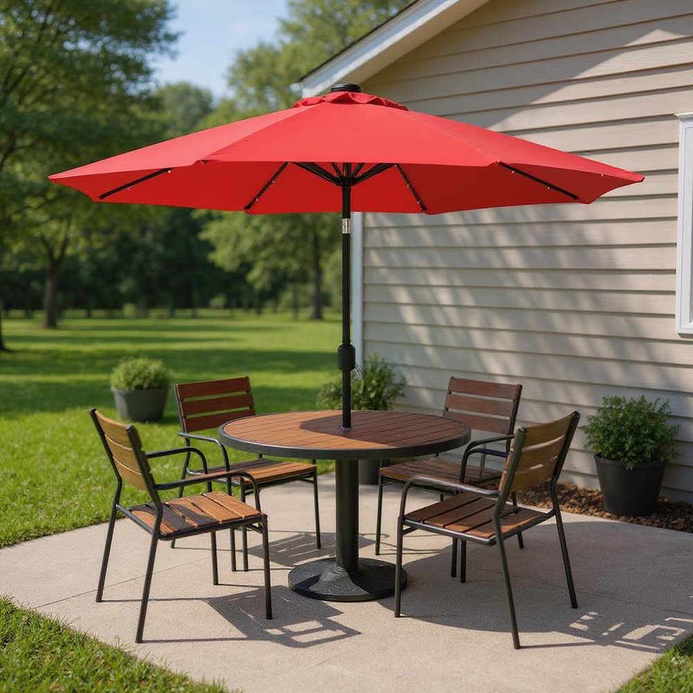 9' Red Polyester Octagonal Tilt Lighted Market Patio Umbrella in a home interior