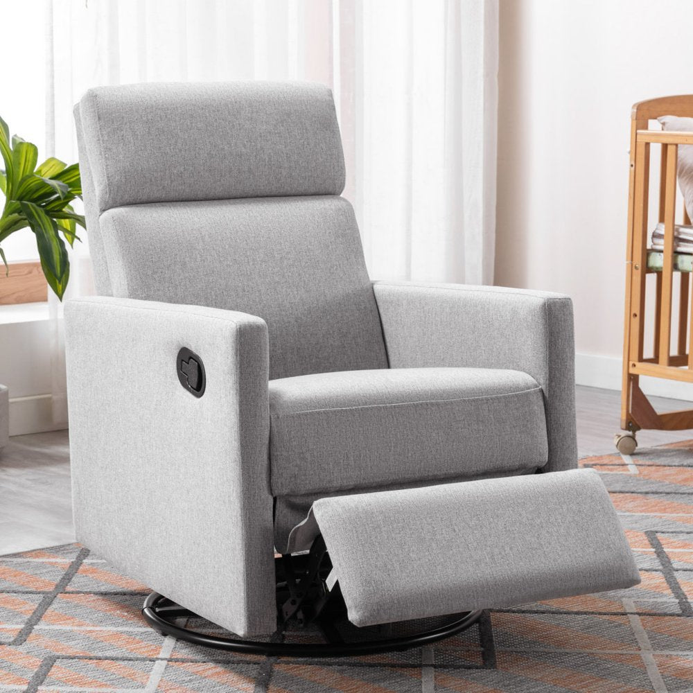 Gray linen glider swivel recliner with extended footrest in a nursery with a crib and plant.