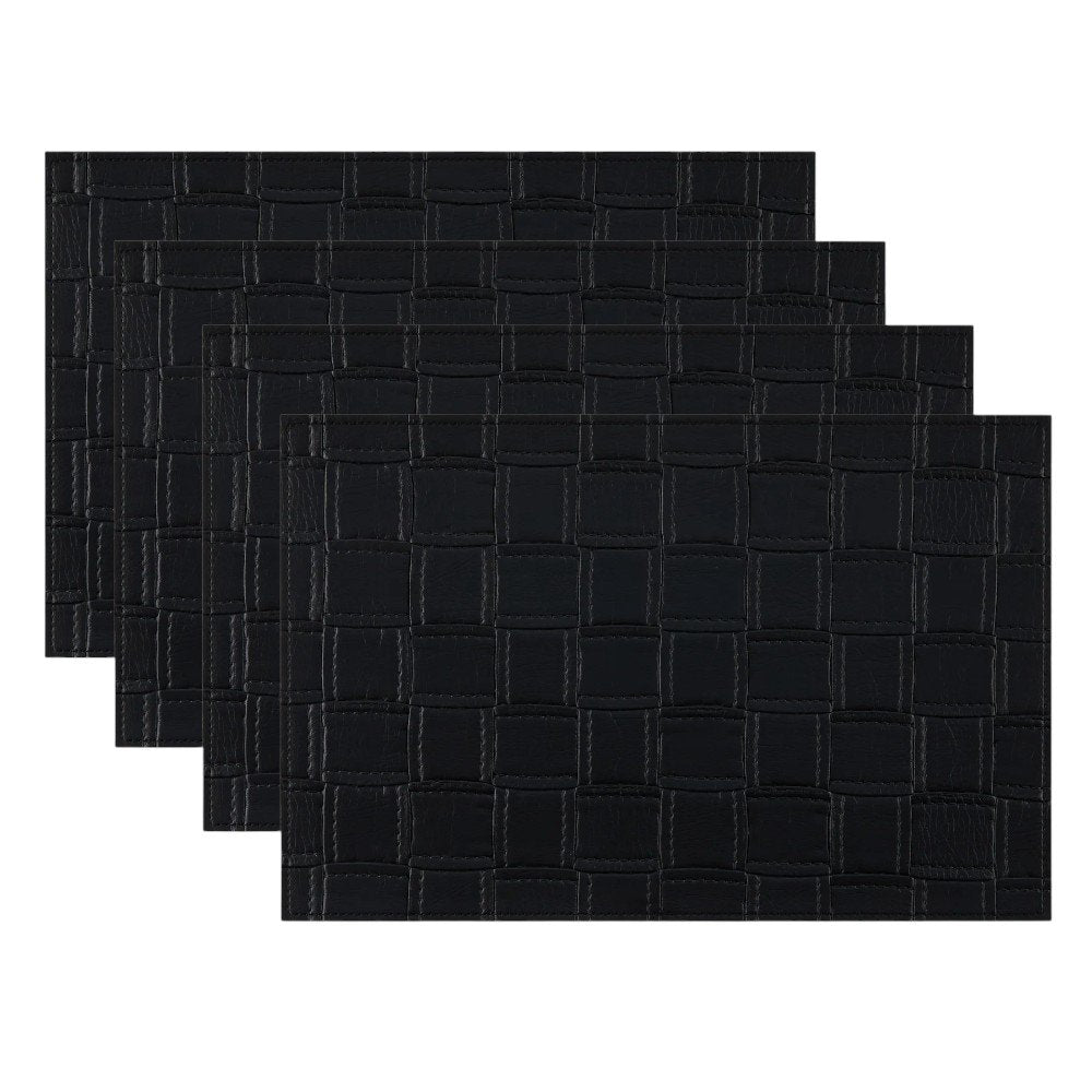 18" Set of Four Black Basketweave Faux Leather Placemats. Dining linen isolated on a plain white background, in a black faux leather finish.