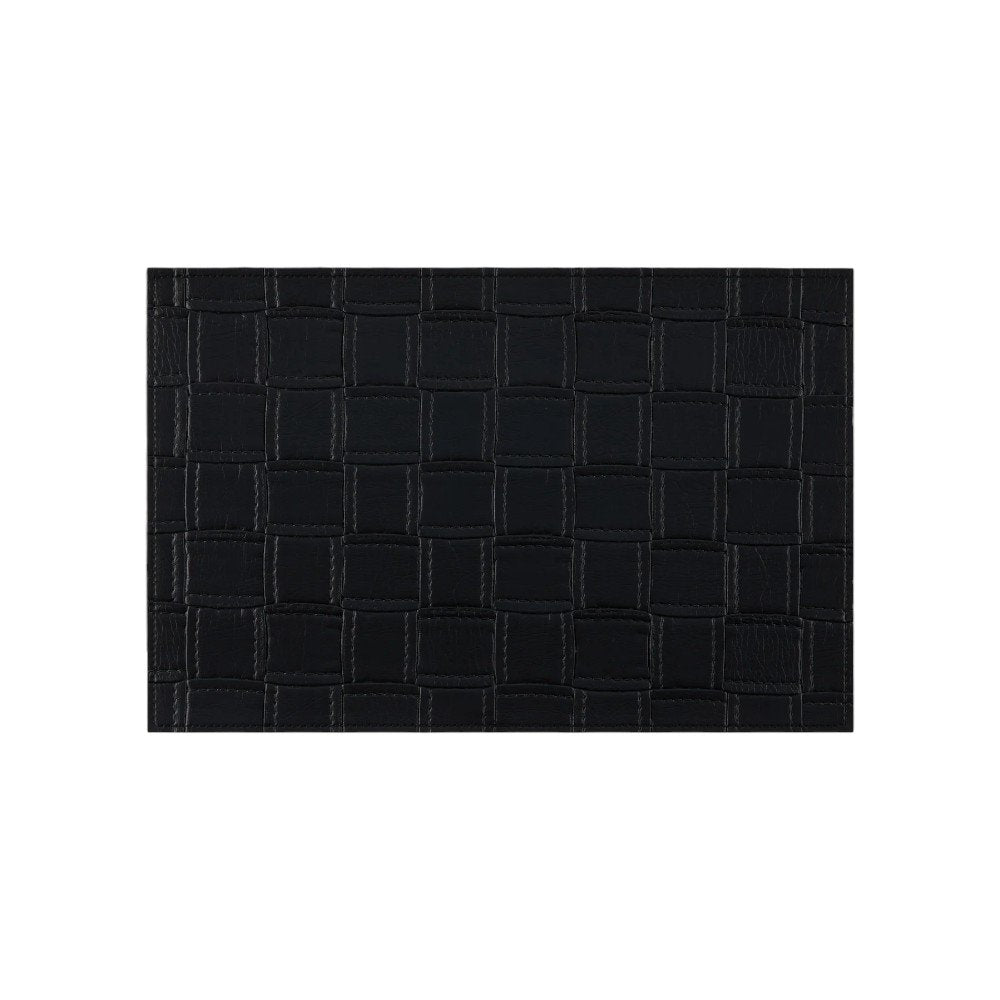 18" Set of Four Black Basketweave Faux Leather Placemats. Dining linen isolated on a plain white background, finished in black faux leather.