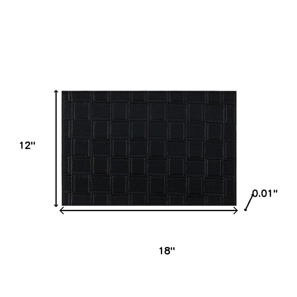 18" Set of Four Black Basketweave Faux Leather Placemats. Dining linen isolated on a plain white background, showing a black faux leather surface.
