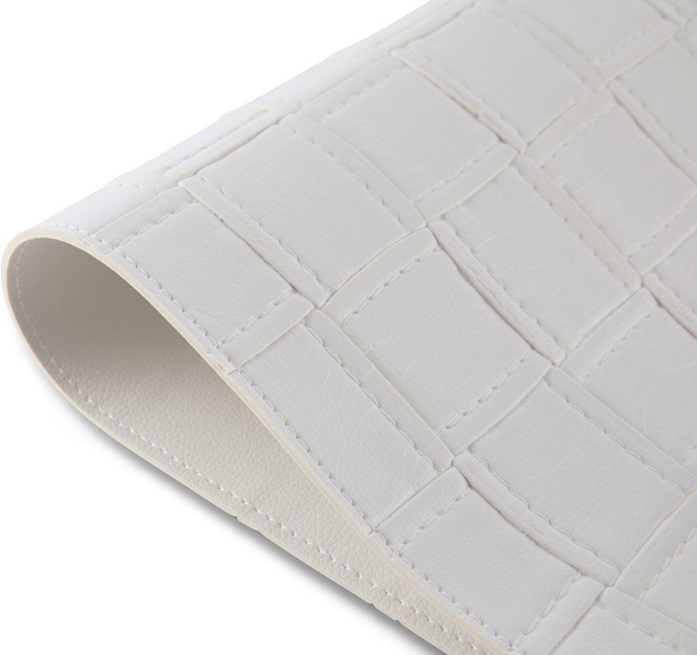 18" Set of Four White Basketweave Faux Leather Placemats. Dining linen in white faux leather.