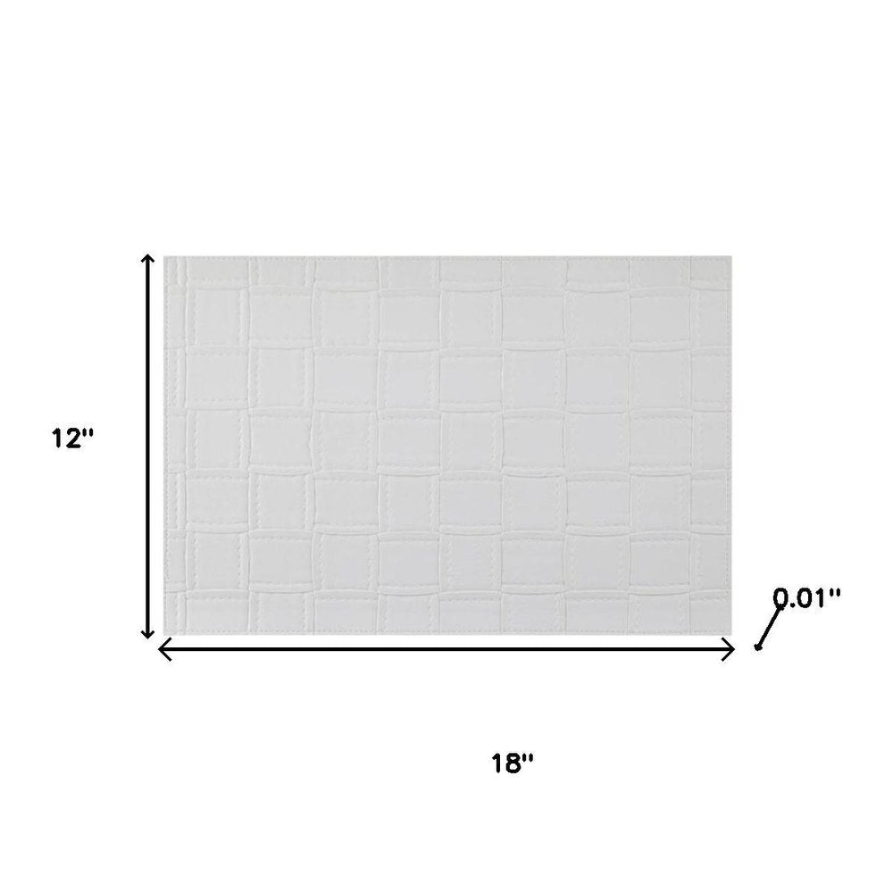 18" Set of Four White Basketweave Faux Leather Placemats. Dining linen isolated on a plain white background, finished in white faux leather.