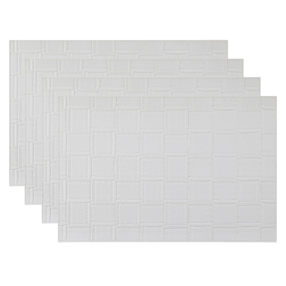 18" Set of Four White Basketweave Faux Leather Placemats. Dining linen isolated on a plain white background, showing a white faux leather surface.