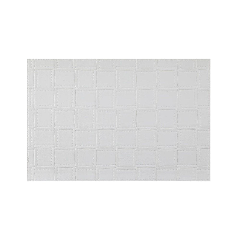 18" Set of Four White Basketweave Faux Leather Placemats. Dining linen isolated on a plain white background, in a white faux leather finish.