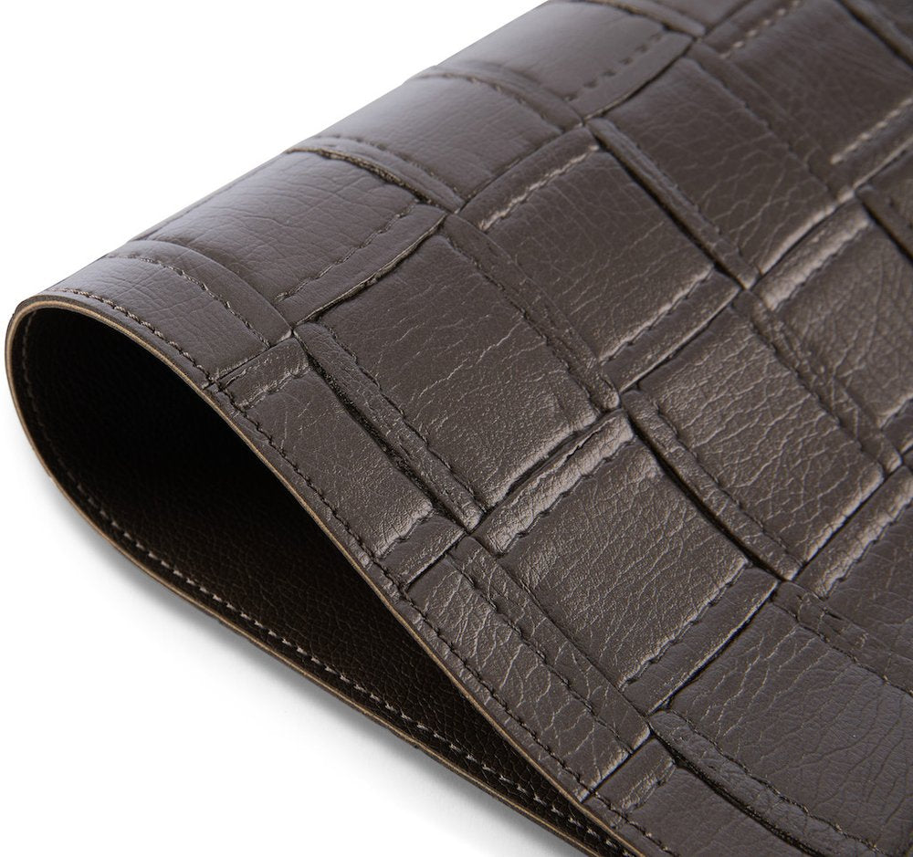 18" Set of Four Espresso Basketweave Faux Leather Placemats. Dining linen in charcoal faux leather.