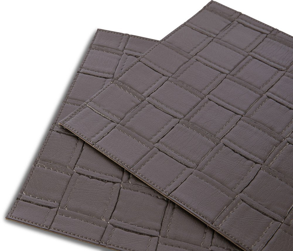18" Set of Four Espresso Basketweave Faux Leather Placemats. Dining linen isolated on a plain white background, showing a charcoal faux leather surface.