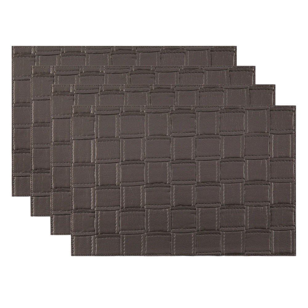 18" Set of Four Espresso Basketweave Faux Leather Placemats. Dining linen isolated on a plain white background, in a charcoal faux leather finish.