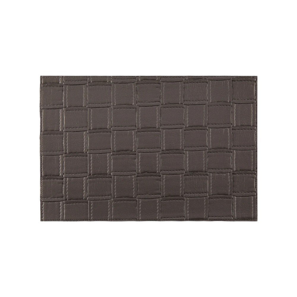 18" Set of Four Espresso Basketweave Faux Leather Placemats. Dining linen isolated on a plain white background, showing a charcoal faux leather surface.