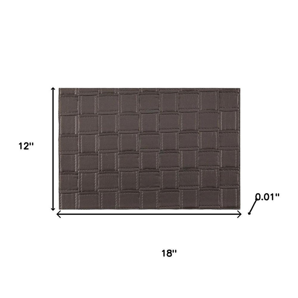 18" Set of Four Espresso Basketweave Faux Leather Placemats. Dining linen isolated on a plain white background, in a charcoal faux leather finish.