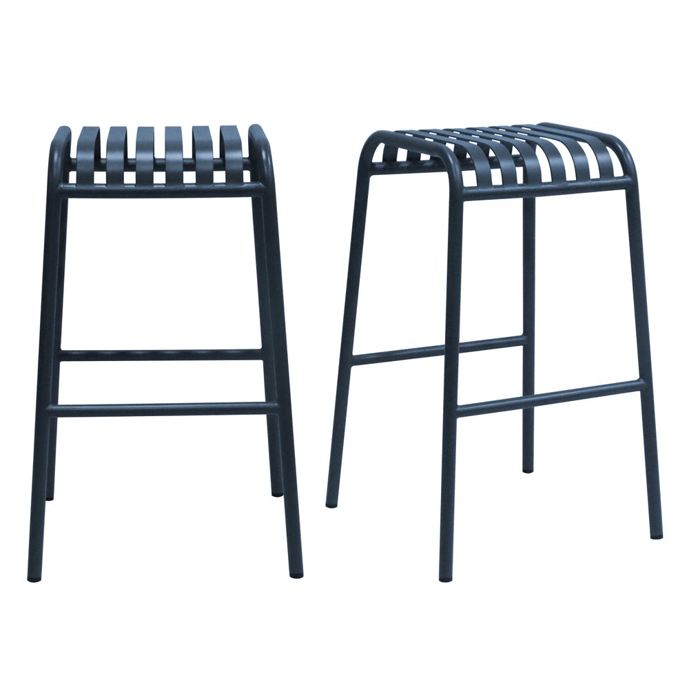 Two dark blue steel backless bar stools with slatted seats and footrests on a white background.