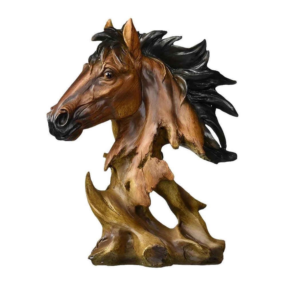 11" Antiqued Bronze And Black Polyresin Horse Tabletop Sculpture. Sculpture isolated on a plain white background, showing a black resin surface.