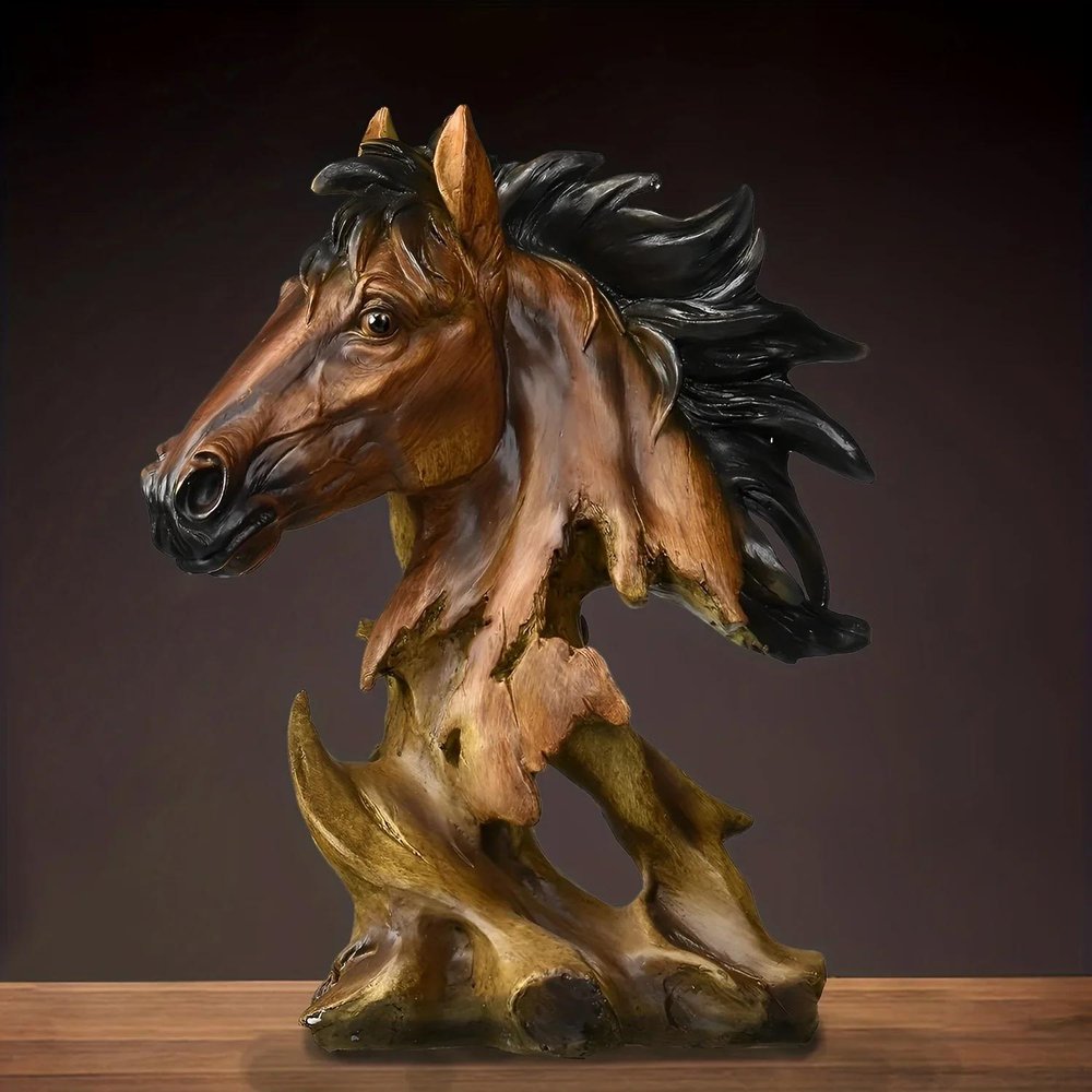 11" Antiqued Bronze And Black Polyresin Horse Tabletop Sculpture photographed against a dark studio background in black.