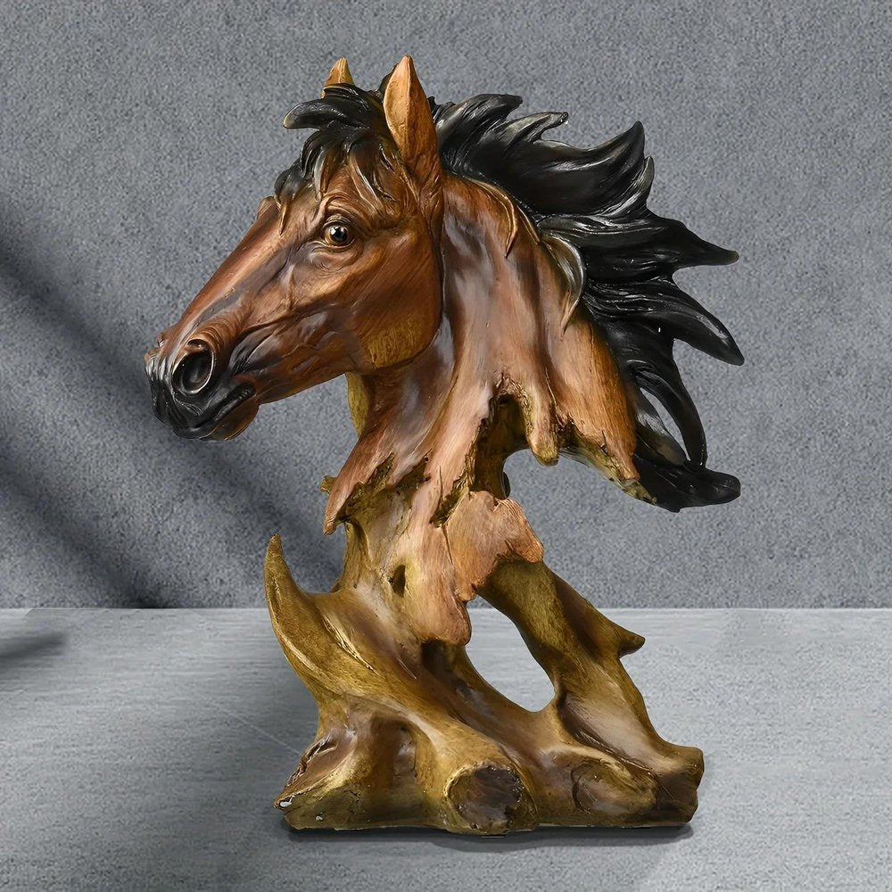 11" Antiqued Bronze And Black Polyresin Horse Tabletop Sculpture styled in a furnished interior with a gray wall on a tiled floor.