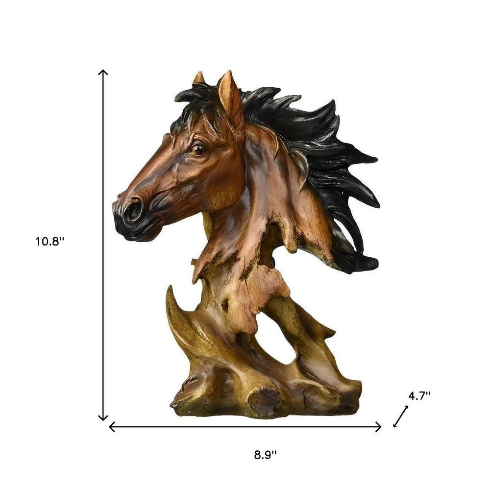 11" Antiqued Bronze And Black Polyresin Horse Tabletop Sculpture. Sculpture isolated on a plain white background, showing a black resin surface.