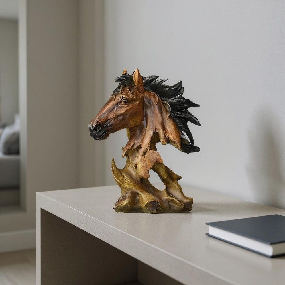 11" Antiqued Bronze And Black Polyresin Horse Tabletop Sculpture styled in a furnished interior with a light gray wall on a dark wood floor.