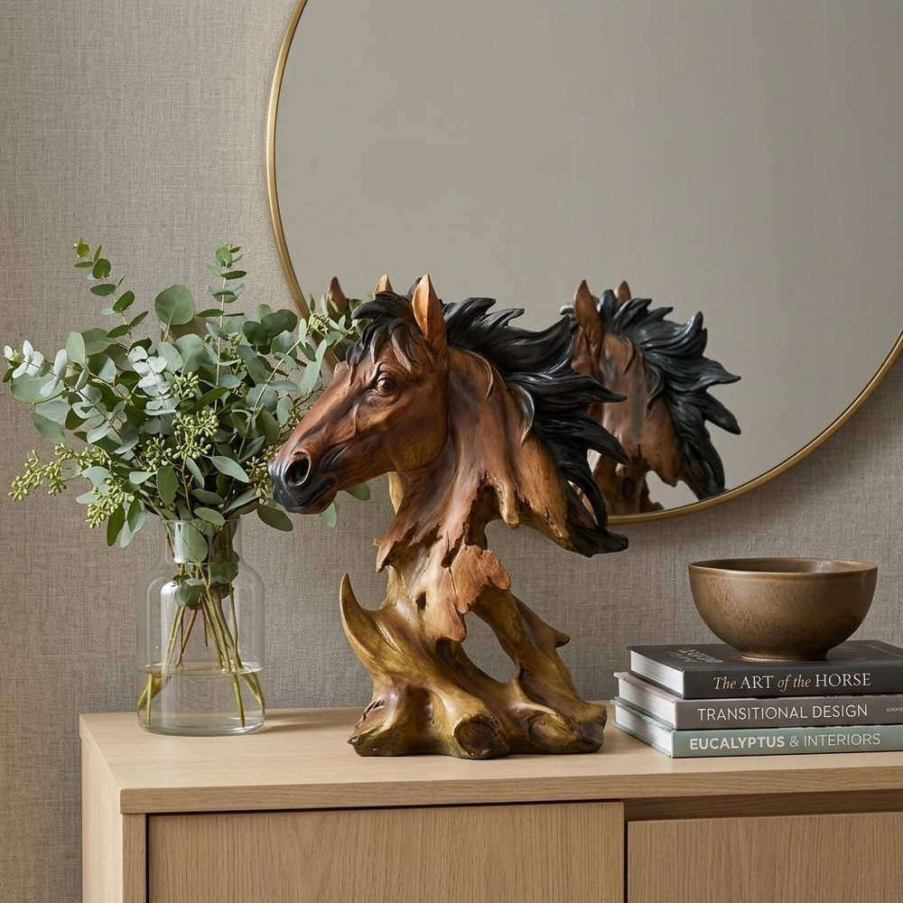 11" Antiqued Bronze And Black Polyresin Horse Tabletop Sculpture. Sculpture in black resin.