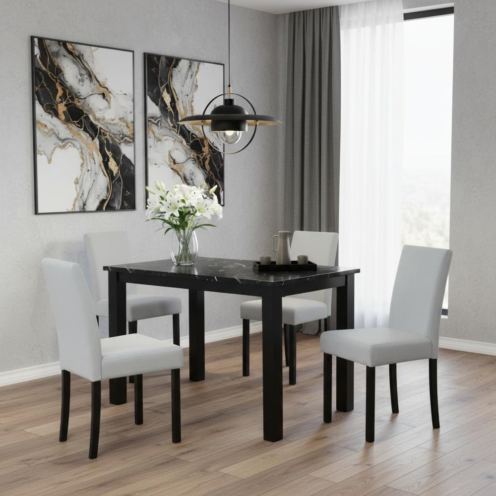 Five Piece Black Faux Marble Dining Set with Four Chairs
