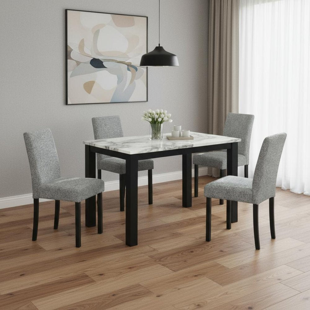 Five Piece White and Black Faux Marble Dining Set with Four Chairs close-up detail