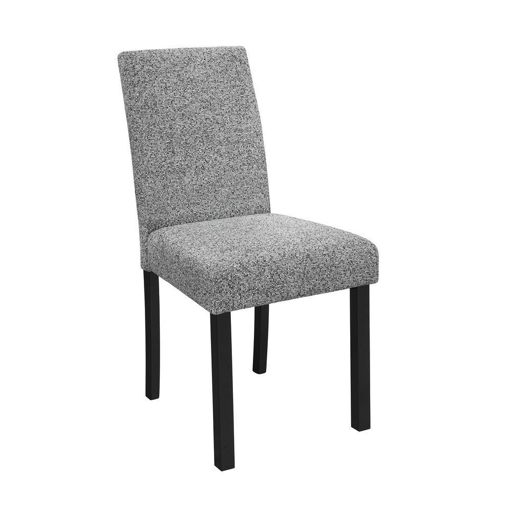 Five Piece White and Black Faux Marble Dining Set with Four Chairs on a white background