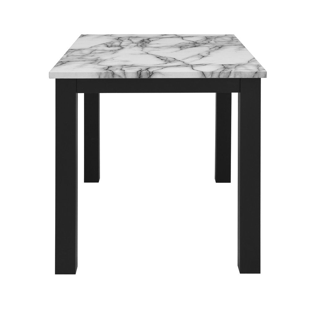 Five Piece White and Black Faux Marble Dining Set with Four Chairs on a white background