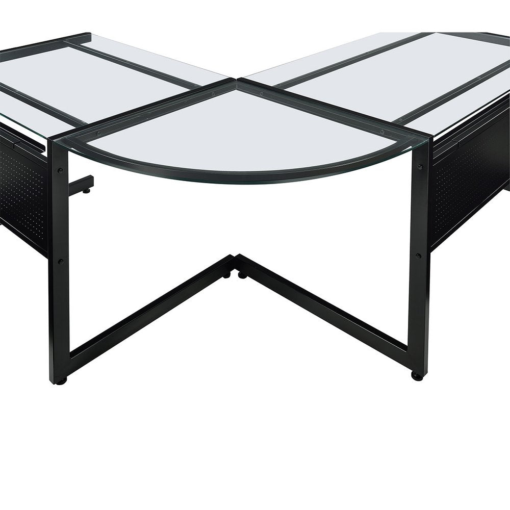 Corner computer desk with clear glass top and black steel frame.