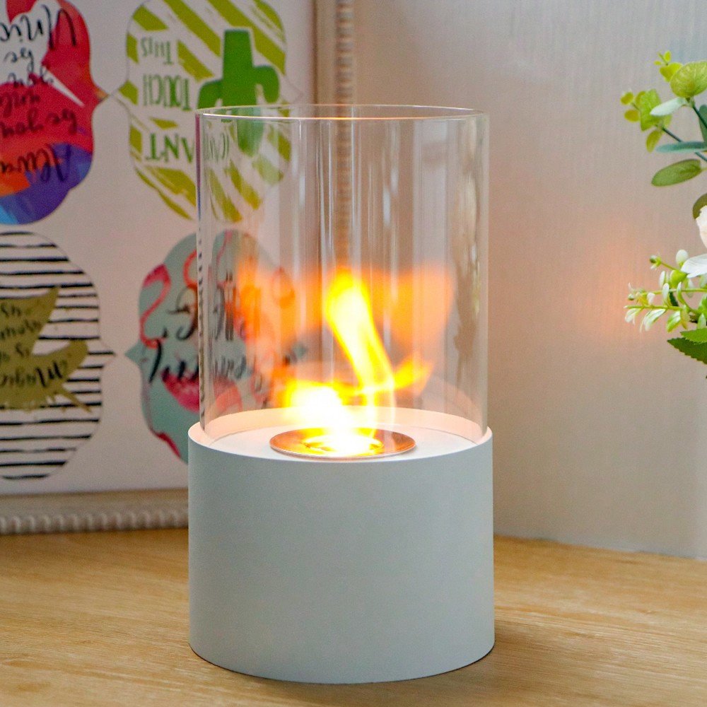 7" White And Clear Stainless Steel And Glass Bioethanol Portable Tabletop Firepit
