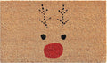 Brown coir doormat with a black and red reindeer face design.
