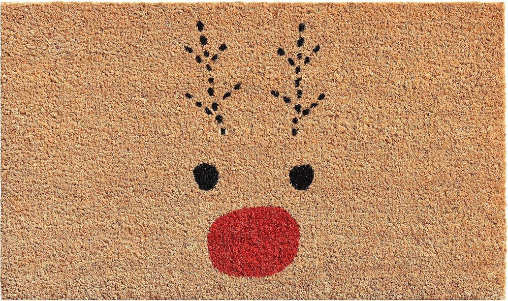 36" X 72" Brown Red And Black Christmas Reindeer Outdoor Coir Door Mat