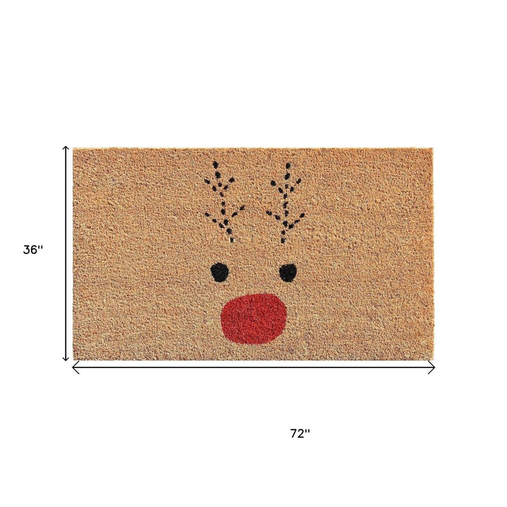 36" X 72" Brown Red And Black Christmas Reindeer Outdoor Coir Door Mat